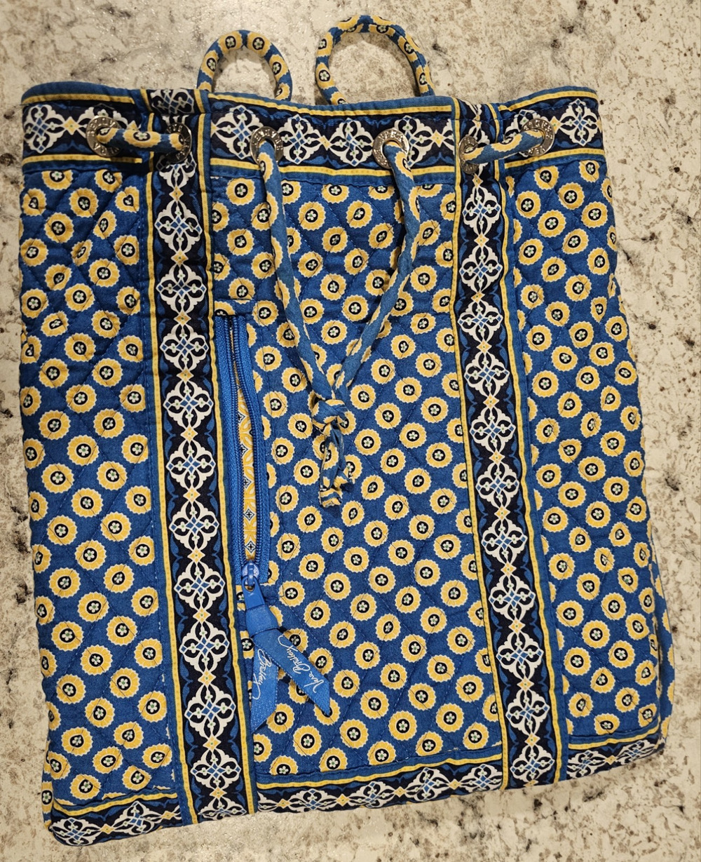 Vera Bradley Geometric Tote, Blue Yellow Drawstring Zip Pocket, Double Handles